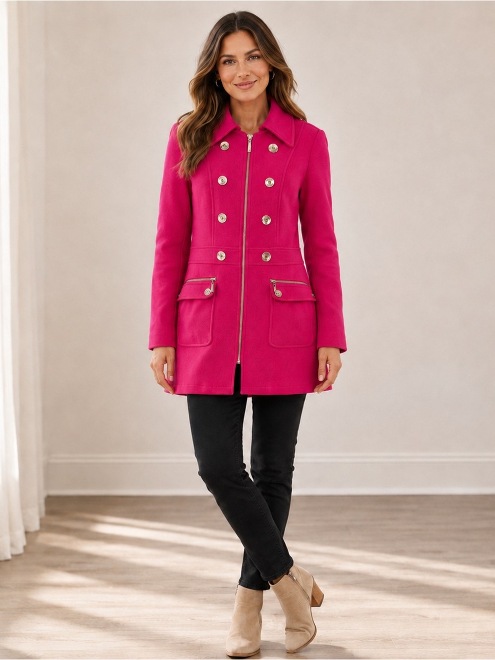 INC International Concepts Pink Long Jacket Medium Zip Front Military Coat
